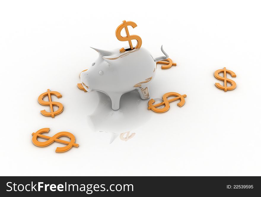 Piggy bank with dollar in white background