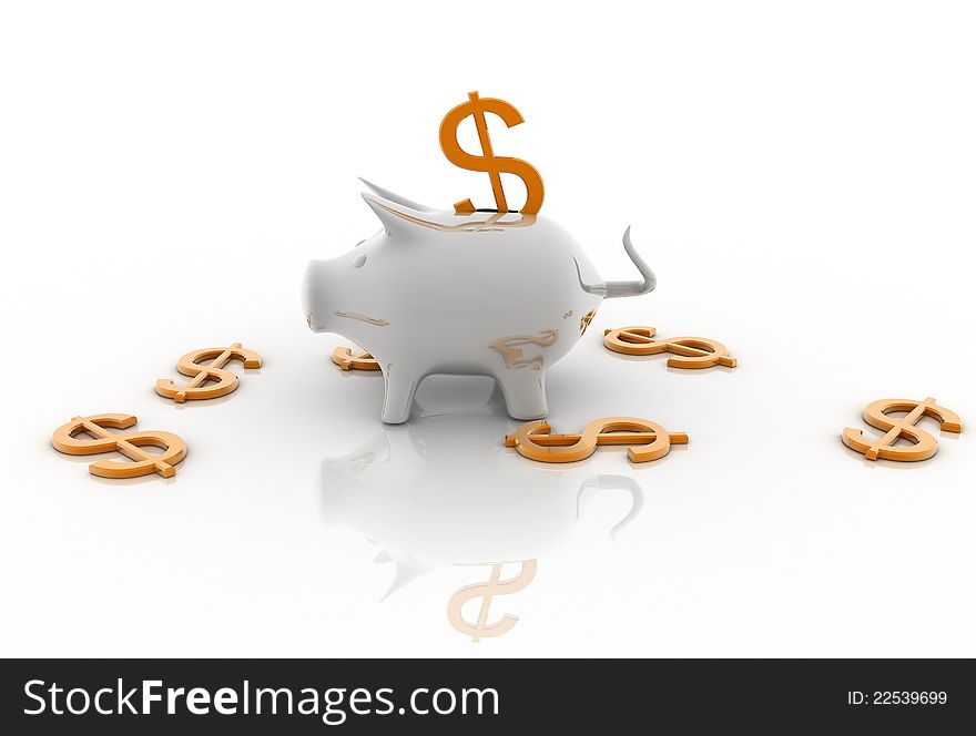 Piggy bank with dollar in white background