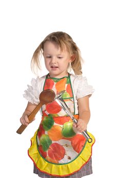 Little Housewife In Colourful Apron Isolated Royalty Free Stock Images Little Housewife In Colourful Apron Isolated Royalty Free Stock Images