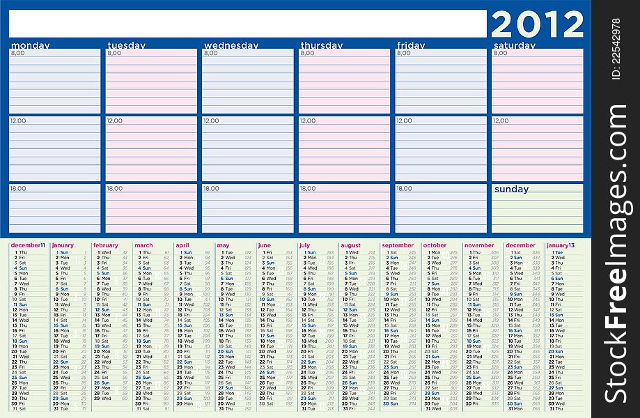 Planning Calendar 2012 in english with copy space and countdown of total days