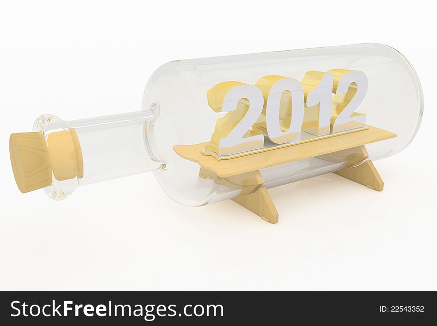 3d numerals 2012 of silver and gold on wooden pedestal in a glass bottle. 3d numerals 2012 of silver and gold on wooden pedestal in a glass bottle