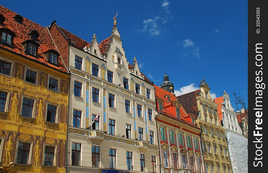 Facade detail of Wroklaw central square: the Rynek. Poland. Facade detail of Wroklaw central square: the Rynek. Poland