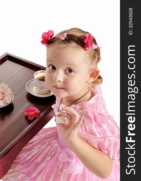 Nice little princess with hazel eyes in beautiful pink dress having tea with zephyr  isolated on white background. Nice little princess with hazel eyes in beautiful pink dress having tea with zephyr  isolated on white background