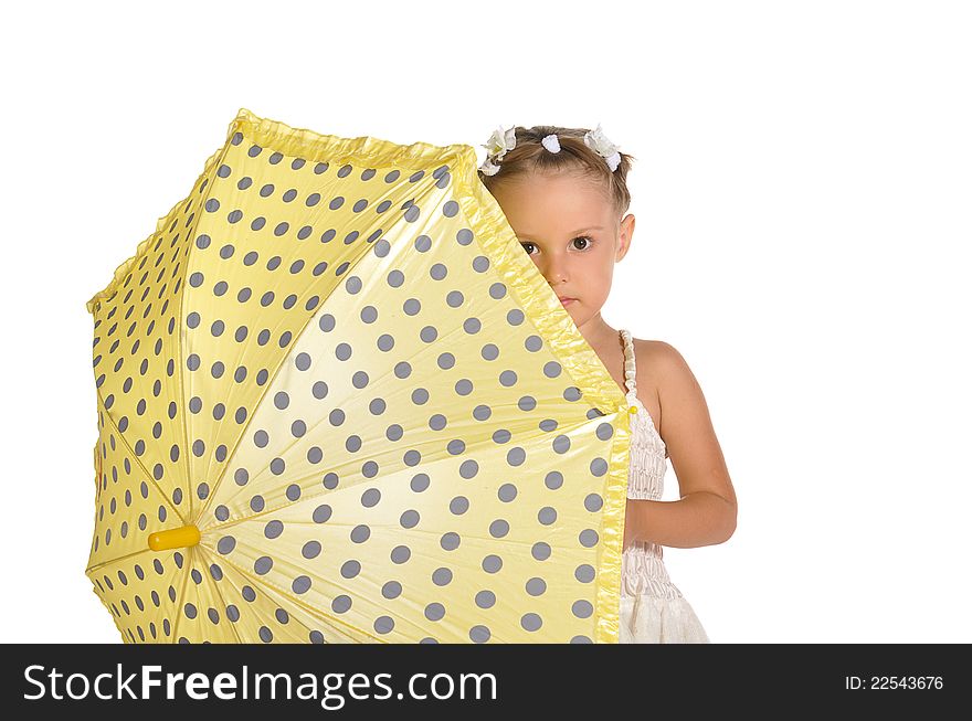 Nice little lady in beautiful white dress hiding behind her beautiful yellow spotted umbrella isolated on white background. Nice little lady in beautiful white dress hiding behind her beautiful yellow spotted umbrella isolated on white background