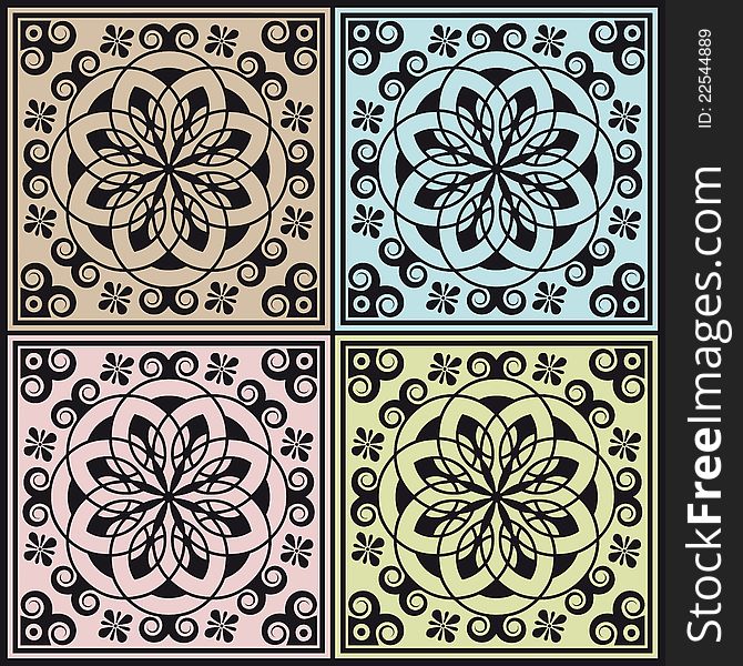 Abstract modular arabesque decoration in four colour backgrounds