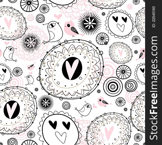 Seamless abstract graphic pattern with hearts and birds on a white background. Seamless abstract graphic pattern with hearts and birds on a white background