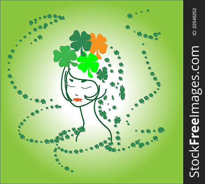 Portrait of beautiful green girl  with symbol  of Ireland shamrocks in hair. Portrait of beautiful green girl  with symbol  of Ireland shamrocks in hair