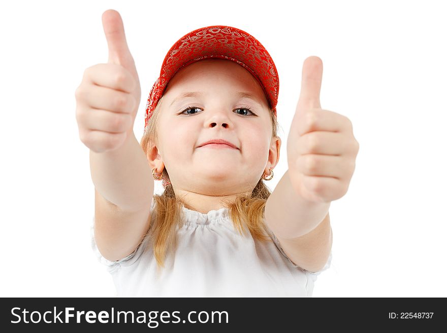 Pretty little girl showing thumbs up, on white