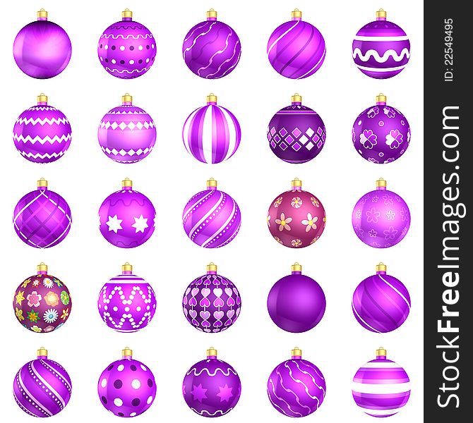 Christmas Baubles Violet Pack On White Background