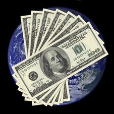 One Hundred Dollar Bills On Earth Background Royalty Free Stock Photography One Hundred Dollar Bills On Earth Background Royalty Free Stock Photography