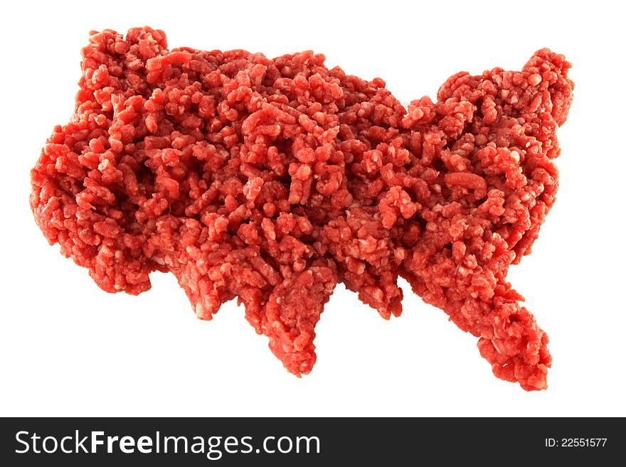 Raw minced meat in the shape of U.S.A on white