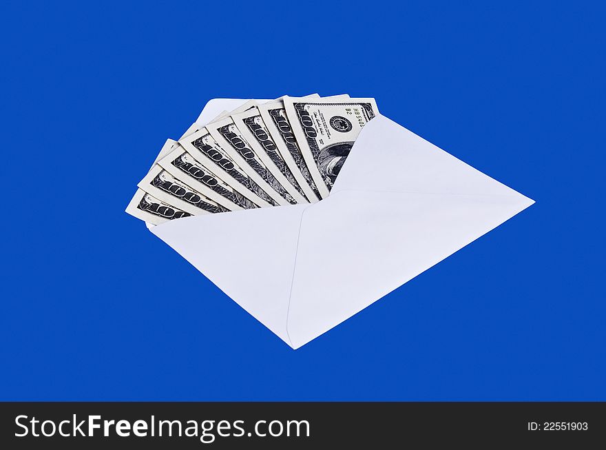 Money in the envelop and the blue background. Money in the envelop and the blue background