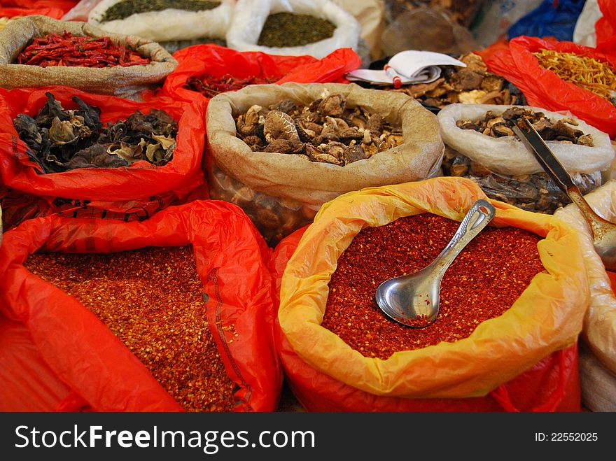 Sacks of spices and fungi in a South China Market. Sacks of spices and fungi in a South China Market