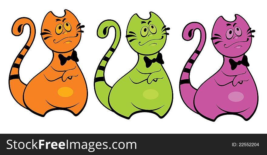 Striped colored cats with bows. Striped colored cats with bows