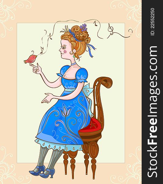 Victorian lady with a singing bird, vector illustration. Layers are managed and arranged for easy editing. Victorian lady with a singing bird, vector illustration. Layers are managed and arranged for easy editing.