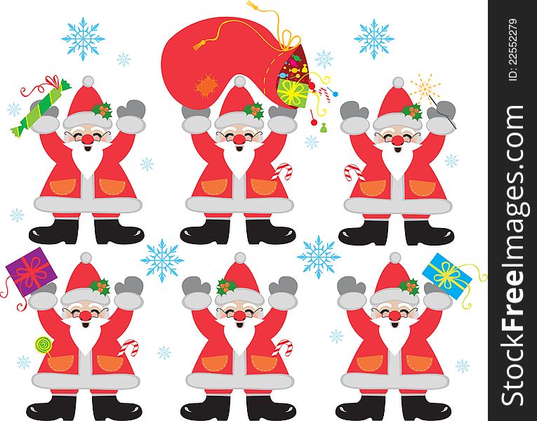 Six cheerful Santa Clauses with candies and presents are prepared for a great Christmas! Vector illustration. Layers are managed and arranged for easy editing.