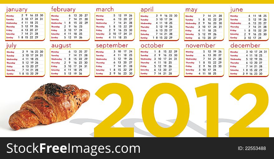 2012 calendar in english with photo of a chocolate croissant. 2012 calendar in english with photo of a chocolate croissant