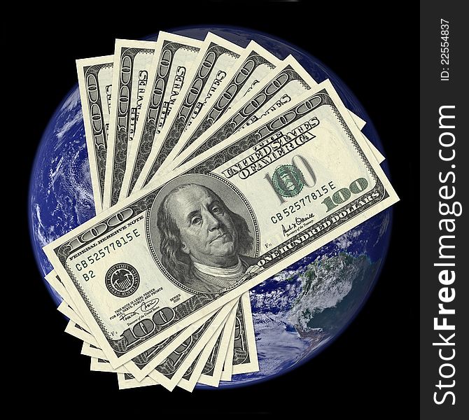 Stack of one hundred dollar bills on earth background