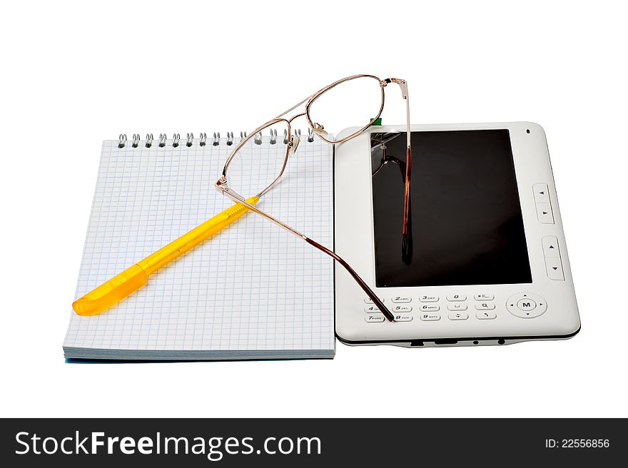 The electronic book, glasses, handle and notebook a white backgroundoks