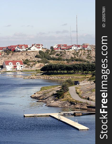 Small houses on little island on west coast in Sweden