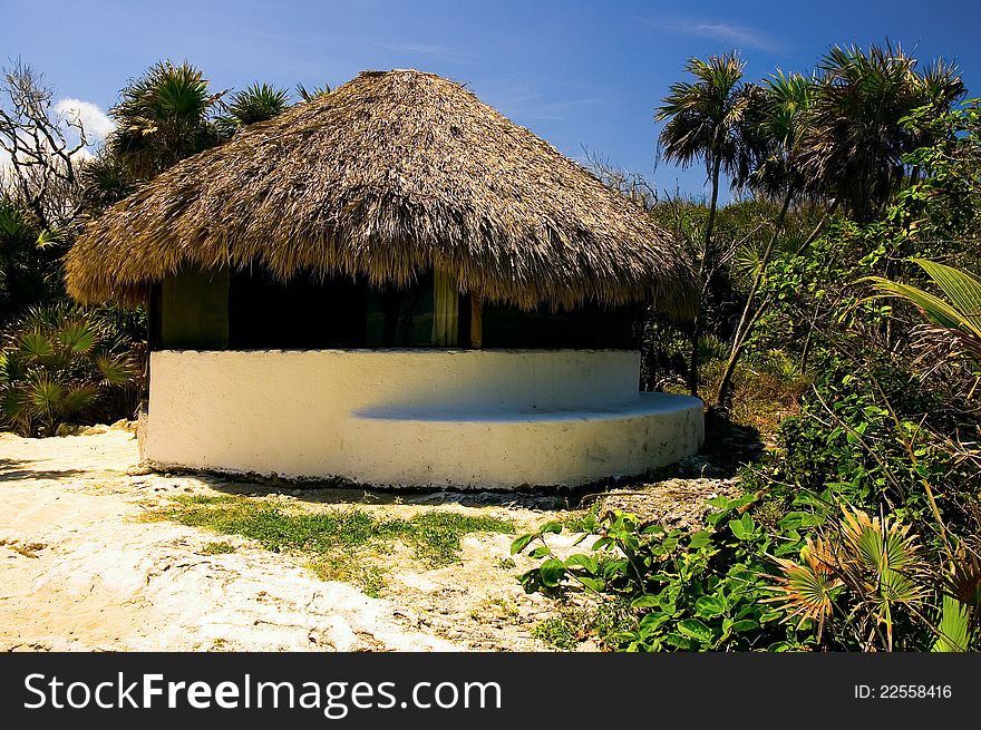 Mexican palapa with a thatch roof on a beach in a jungle setting. Mexican palapa with a thatch roof on a beach in a jungle setting.