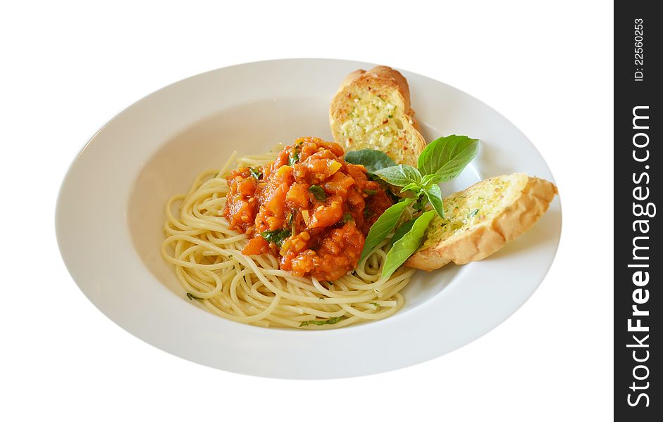 Pasta with tomato sauce and meat and garlic bread