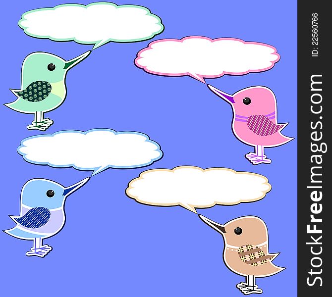 Four scrapbook styled birds with speech bubbles over blue. Four scrapbook styled birds with speech bubbles over blue