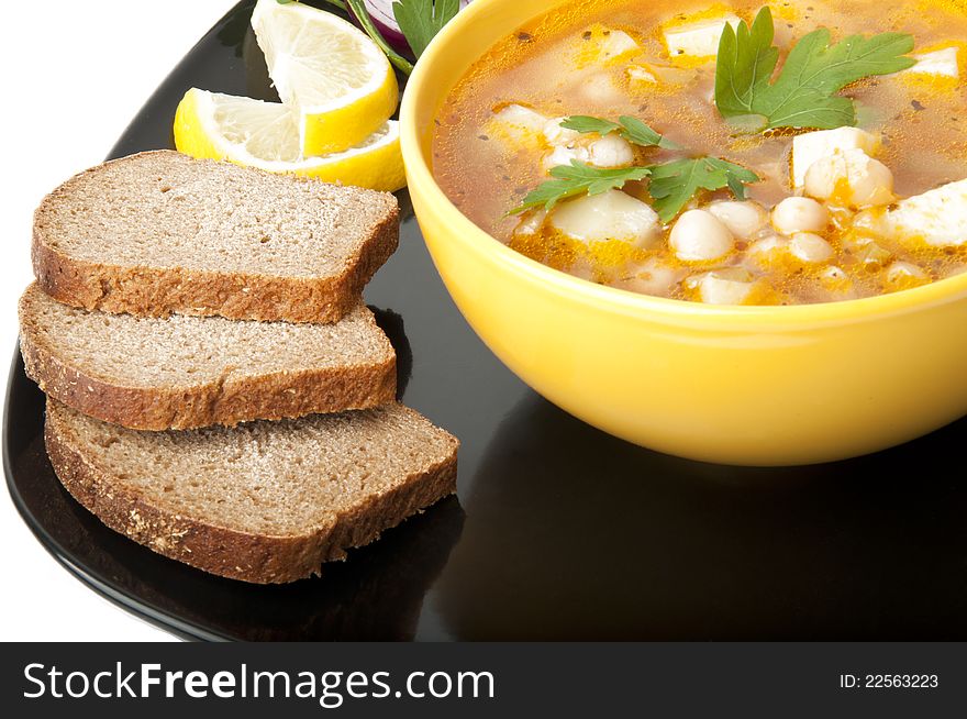 Delicious soup with beans on white background