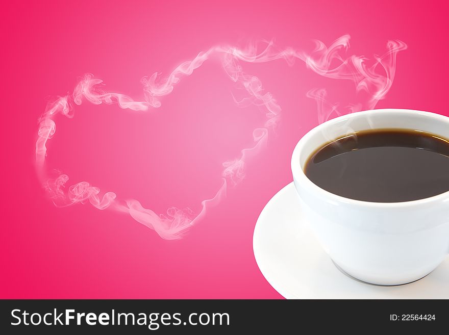 Coffee with steam shaped as heart in pink background