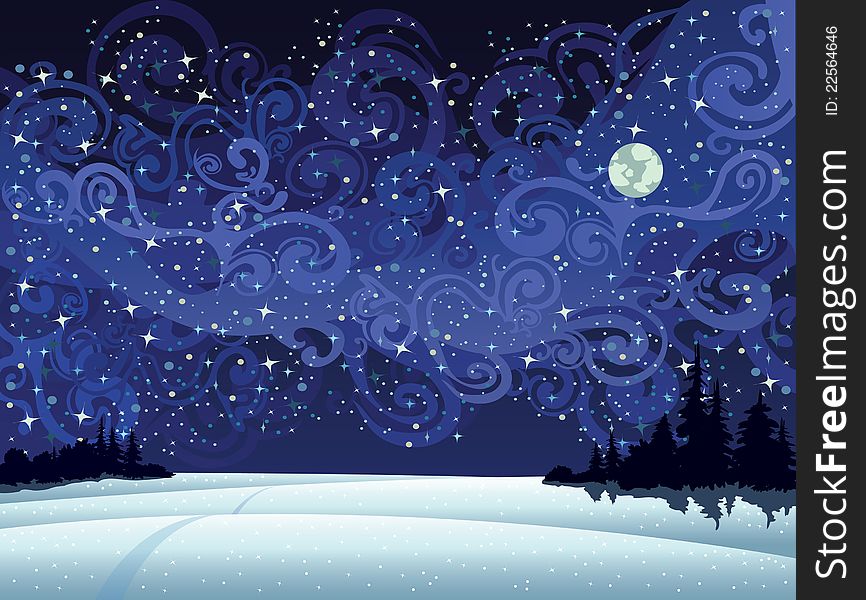 Beautiful wintry landscape with night sky, snow-covered nature and light moon