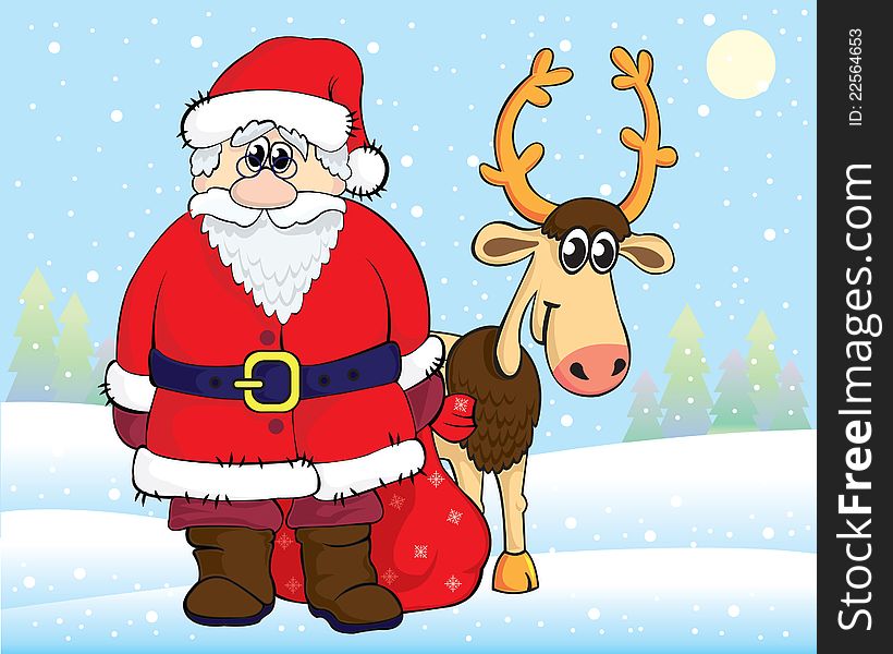 Funny cartoon Santa Claus and reindeer on snow background. Funny cartoon Santa Claus and reindeer on snow background