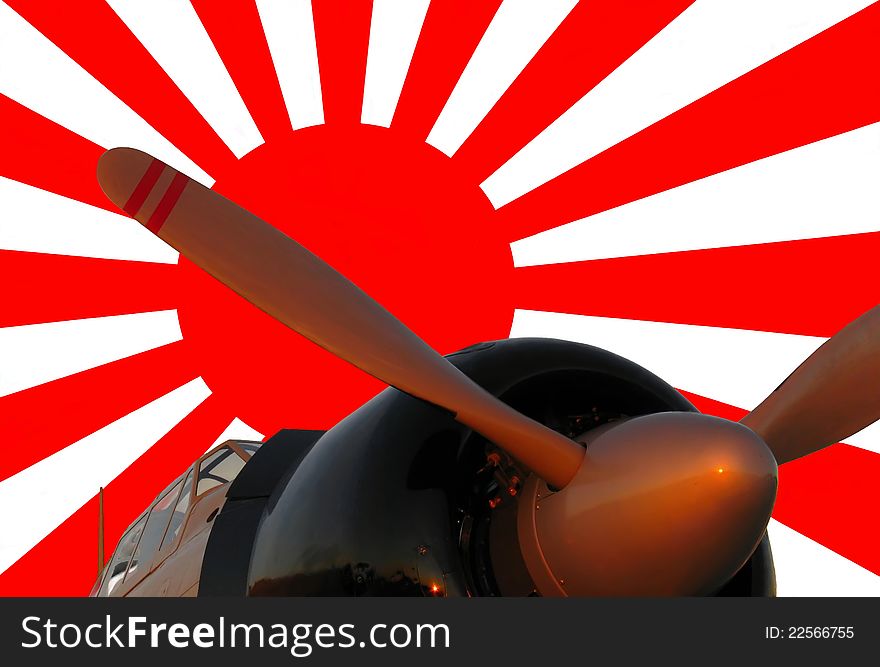 Japanese zero against the backdrop of the japanese war flag