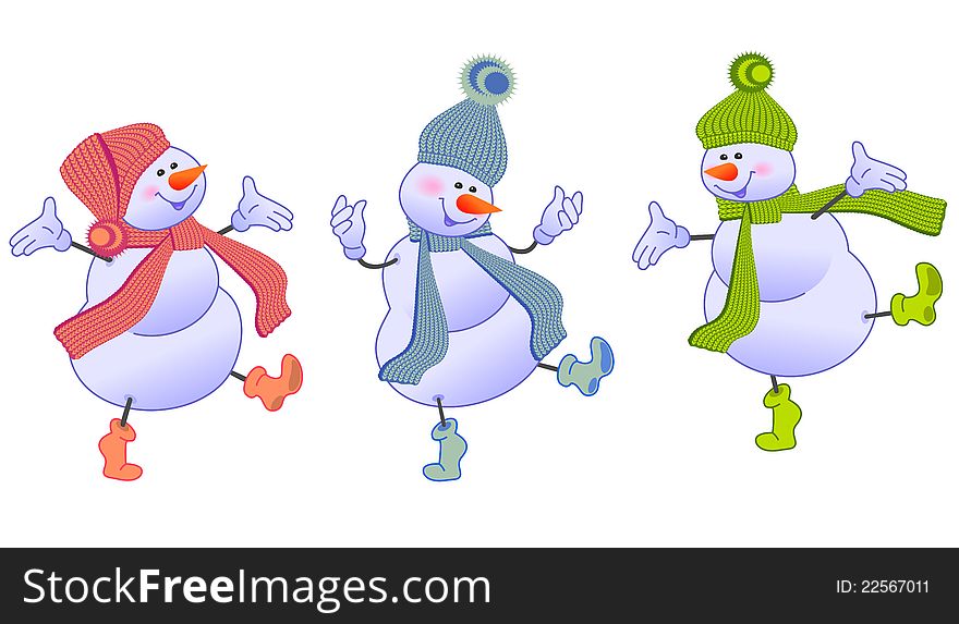 Three merry snowmen on a white background