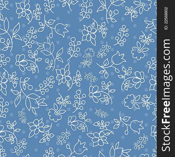 Floral seamless pattern in blue tones with hand drawn elements. Vector illustration