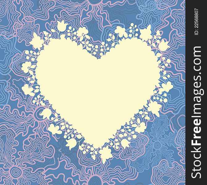 Romantic greeting card in the form of heart with flowers. Vector illustration