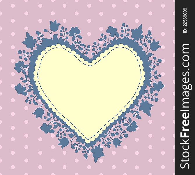 Romantic greeting card in the form of heart. Made in a style reminiscent of textile applique. Vector illustration