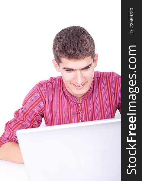 Happy young man with laptop. Isolated on white . Happy young man with laptop. Isolated on white .