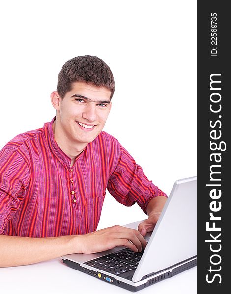 Happy young man with laptop. Isolated on white . Happy young man with laptop. Isolated on white .