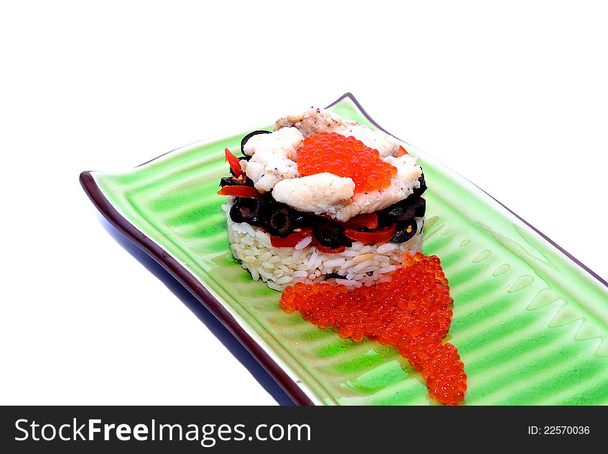 Fashion seafood with rice olives and red caviar isolated on white