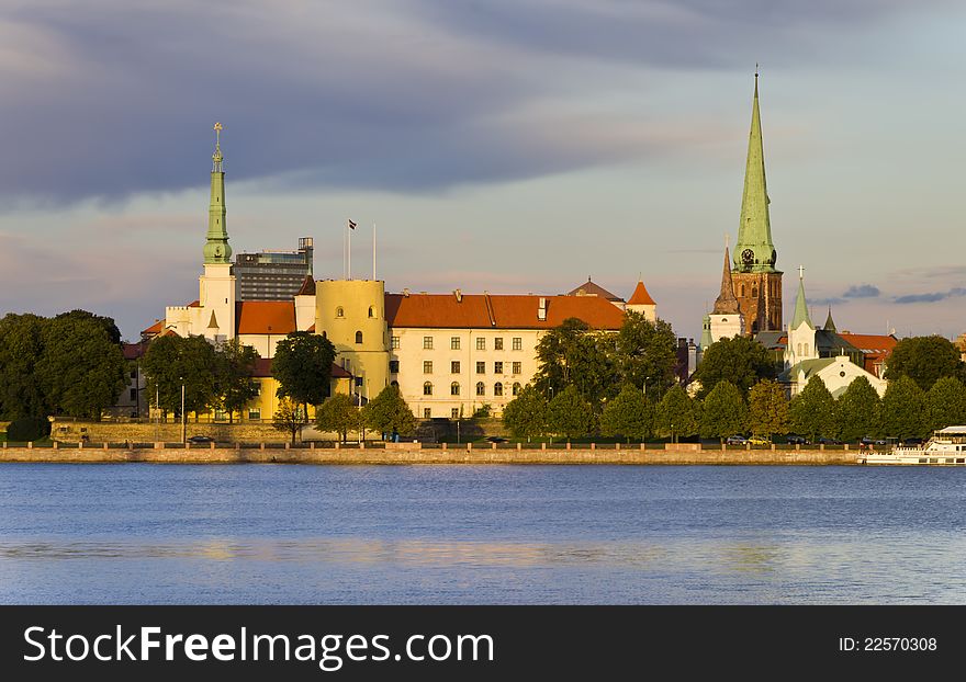 View on old city of Riga from  embankment of the Daugava river. View on old city of Riga from  embankment of the Daugava river