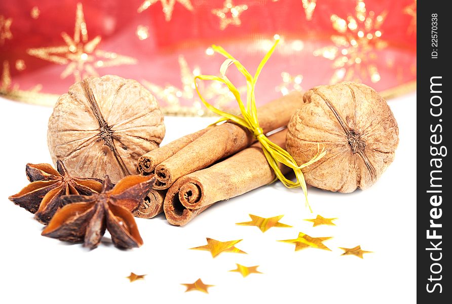 Cinnamon, Anise and Walnuts - Christmas background. Cinnamon, Anise and Walnuts - Christmas background