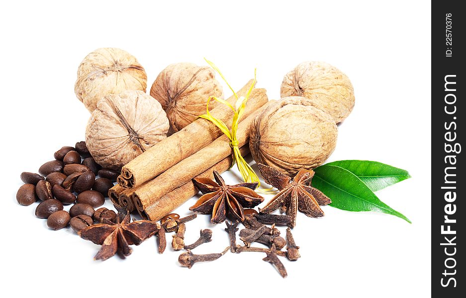 Cinnamon sticks, star anise, walnuts and cloves on a white background. Cinnamon sticks, star anise, walnuts and cloves on a white background