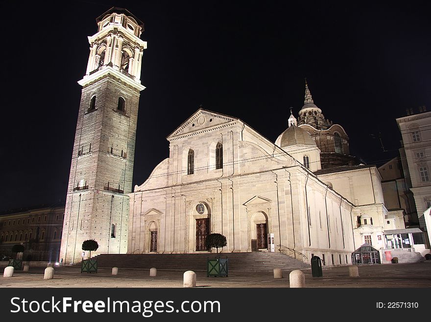 St. John Cathedral in Turin , Italy , at night lighted during xmas period