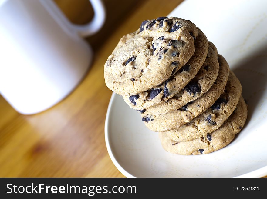 Chocolate chip cookies on a wooden table