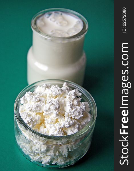 Cottage cheese, milk on green