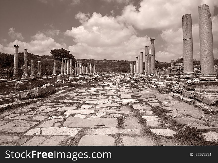 Perge, Antalya, Turkey. Remains of an ancient Roman city. B&W. The file allows color processing.