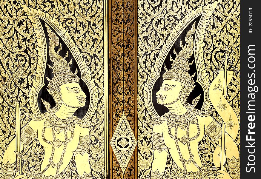 Traditional Thai style painting art, gold area coated, painted on door.