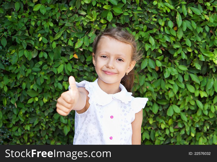 Sweet girl with long hair shows a sign of excellent. Sweet girl with long hair shows a sign of excellent