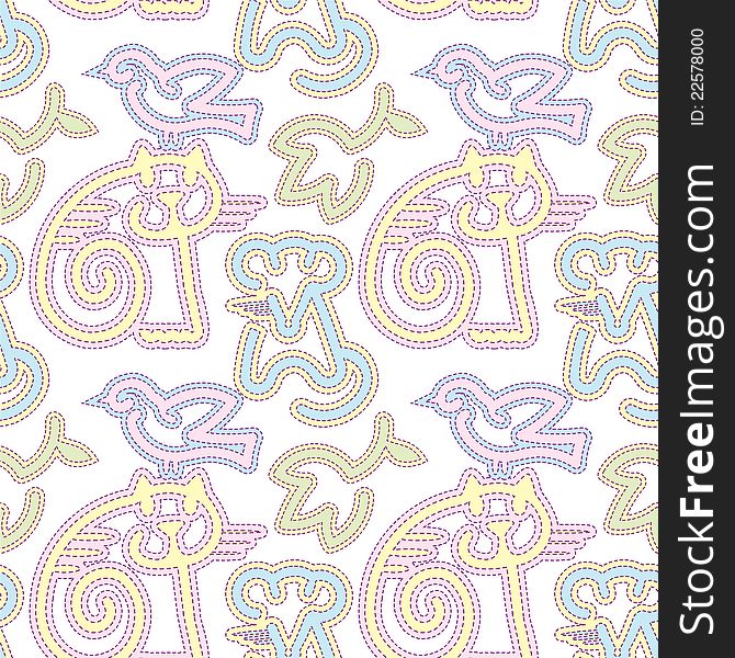 Seamless pattern - embroidered cat, a bird and mouse