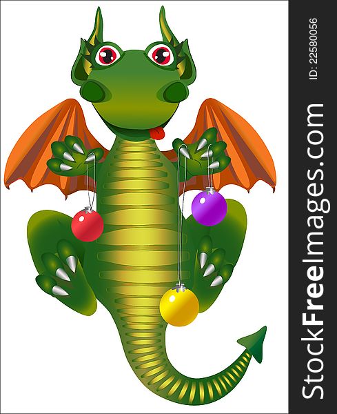 Green Dragon flies with Christmas ball. Green Dragon flies with Christmas ball